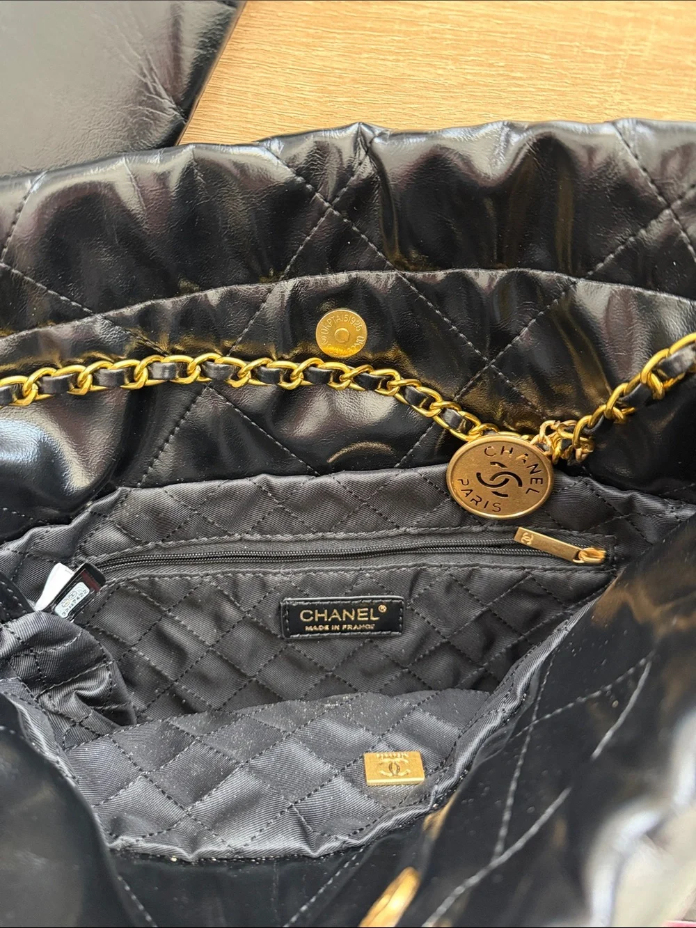 CHANEL Black Quilted Leather Tote with Gold Chain Strap and Pouch - Picture 3 of 4
